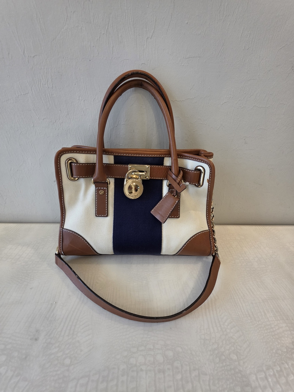 Michael Kors Hamilton Navy Cream Canvas Brown Leather Satchel